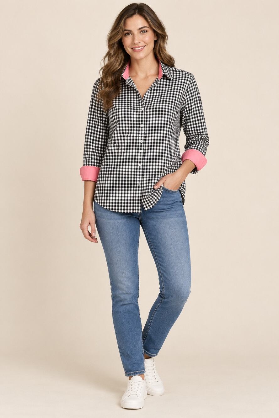 Lauren Ralph Lauren XL Black White Gingham Button-Down Shirt Pink Accents